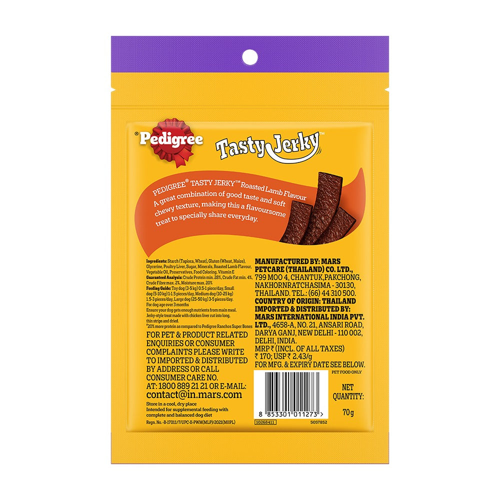 Pedigree® Tasty Jerky™ Dog Treat, Roasted Lamb Flavour, 70 g, Jerky-style Treats for Bonding, Low-fat and High-protein* Dog Treats