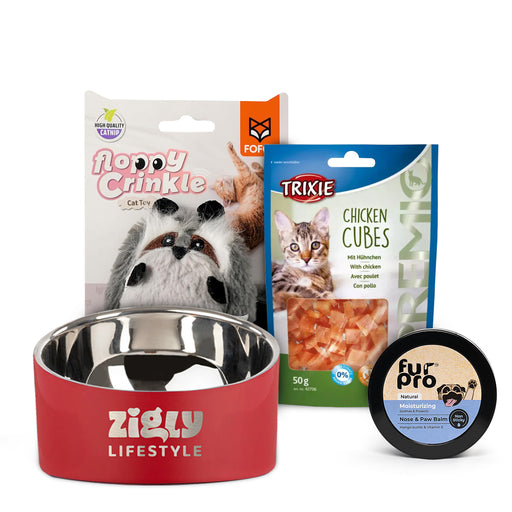 Paws & Presents Cat Bundle: Trixie Chicken Cubes, Fur Pro Paw Balm, Fofos Toy & ZL Double Walled Bowl