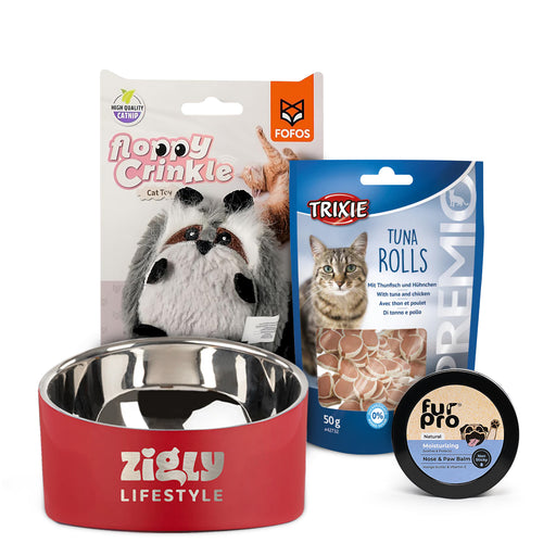 Whisker Wonderland Cat Pack: Trixie Tuna Rolls, Fur Pro Paw Balm, Fofos Toy & ZL Double Walled Bowl