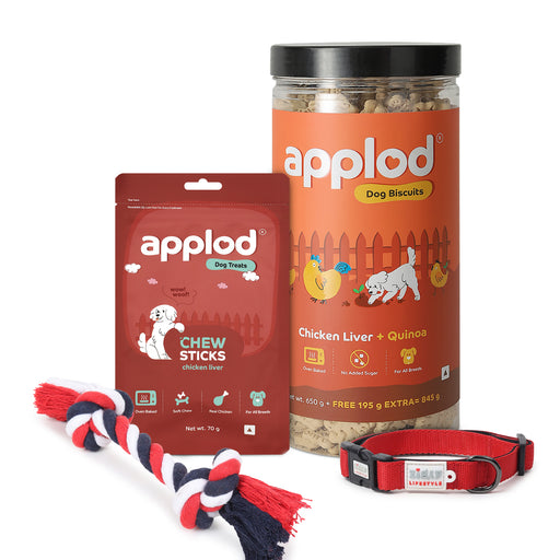 Tail-Wag Treasure Dog Bundle: ZL Collar Red (XS), ZL Rope Toy, Applod Chicken Quinoa Biscuit & Applod Chicken Liver Treat