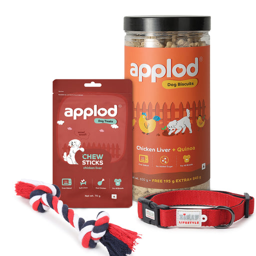 Woof & Wonder Dog Bundle: ZL Collar Red (L), ZL Rope Toy, Applod Chicken & Quinoa Biscuit & Applod Chicken Liver Treat