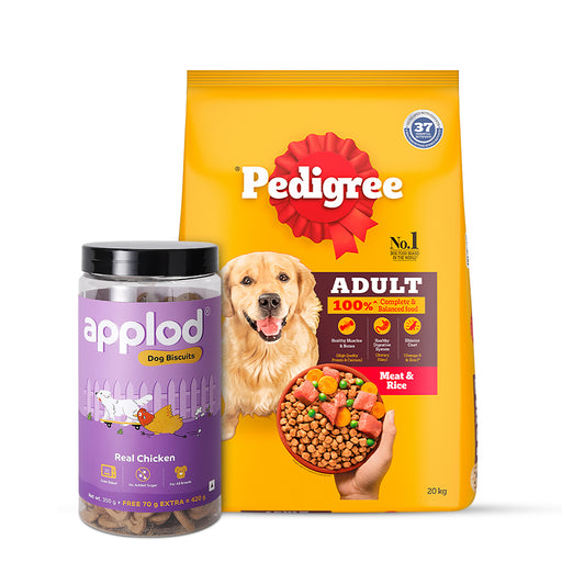 Pedigree Adult Dry Dog Food - Meat and Rice & Applod Real Chicken Dog Biscuit Combo