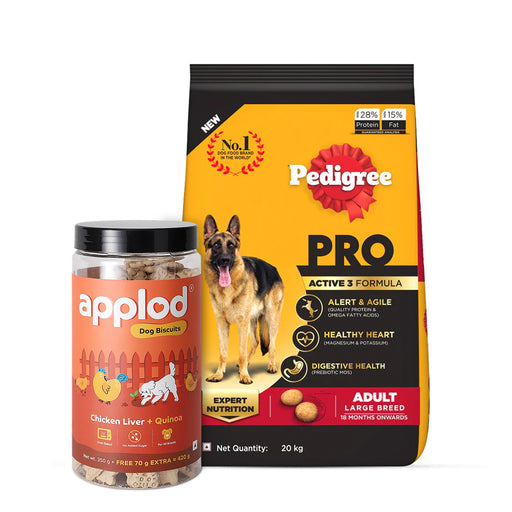 Pedigree PRO Dry Dog Food - Active Adult Dogs Large Breed (18+ Months) + Applod Chicken Liver Dog Biscuit Combo