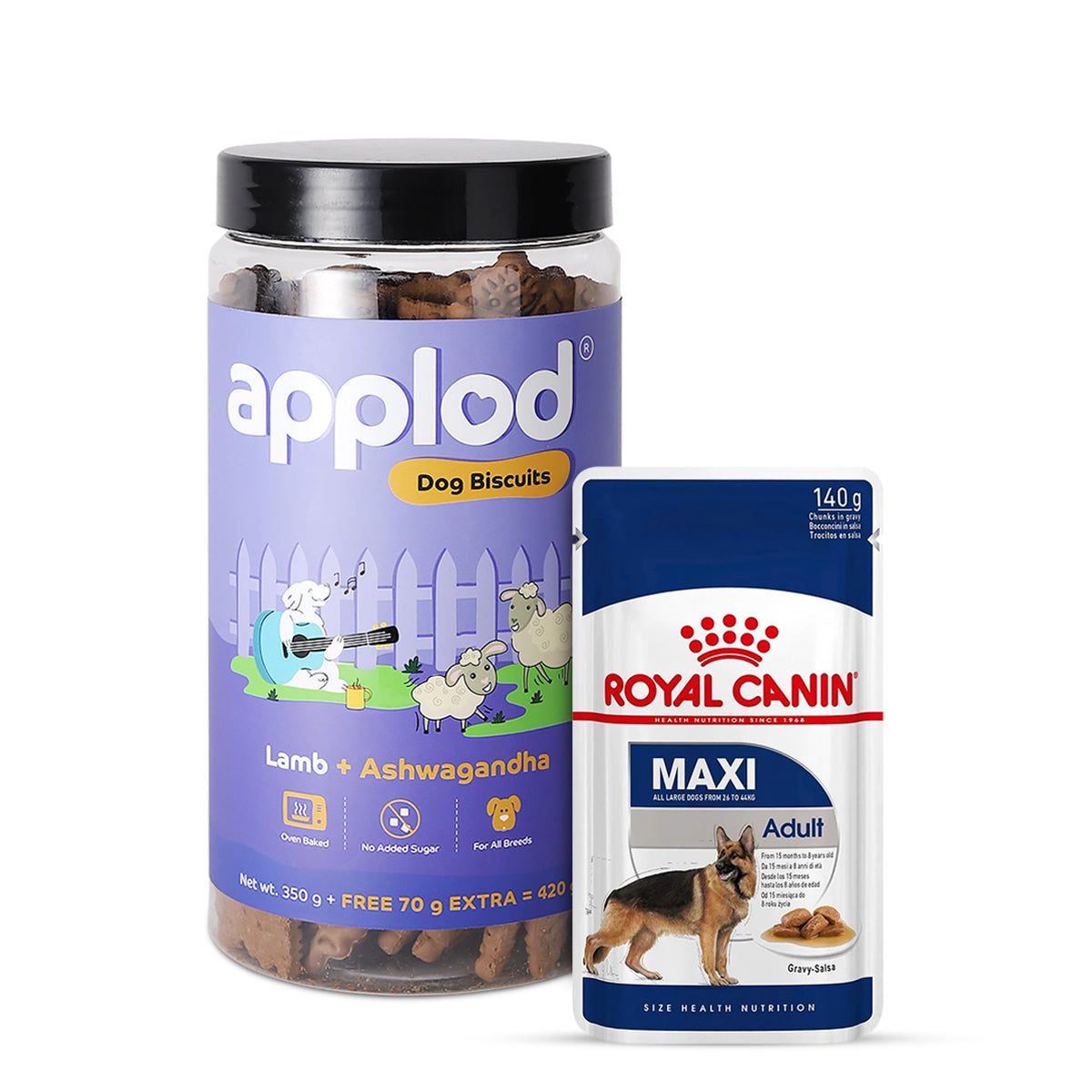 Royal Canin Maxi Adult Wet Dog Food (10 x 140g Gravy Pouches) & Applod Lamb Dog Biscuits Combo